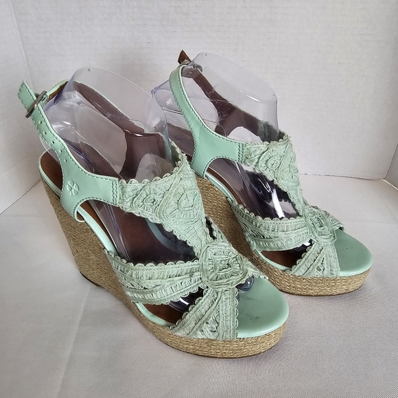 Lucky Brand Ridgeview Wedge Sandals Green Peep Toe Size 38 - Picture 3 of 11
